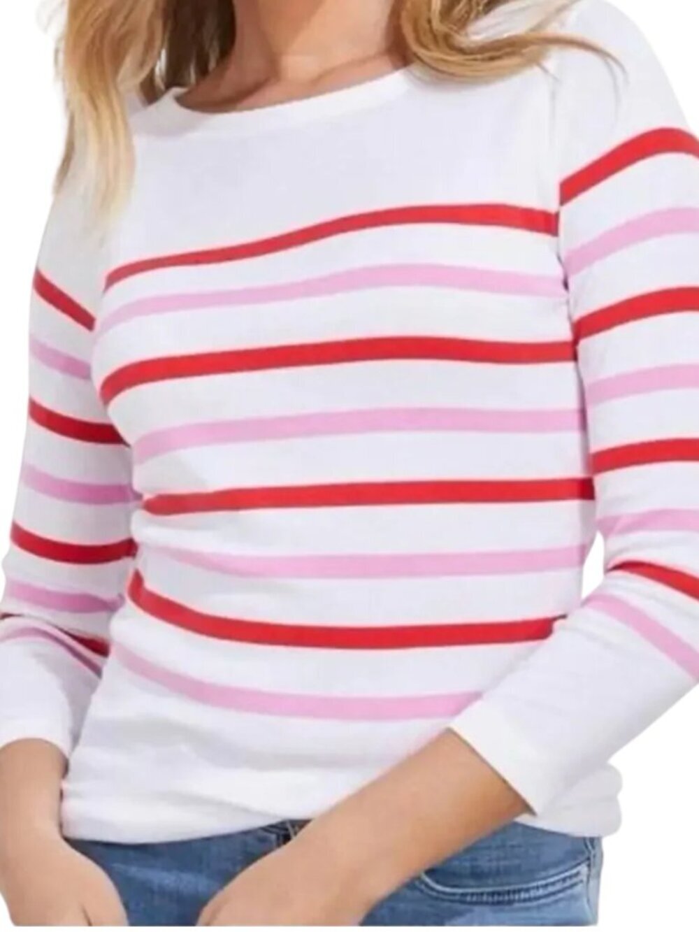 Vineyard Vines white striped boatneck knit long sleeve top red pink preppy